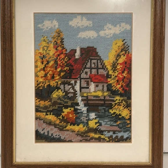 Vintage Cottage core Needlepoint Framed Art – Autumn Country Cottage Sce… - Picture 5 of 5
